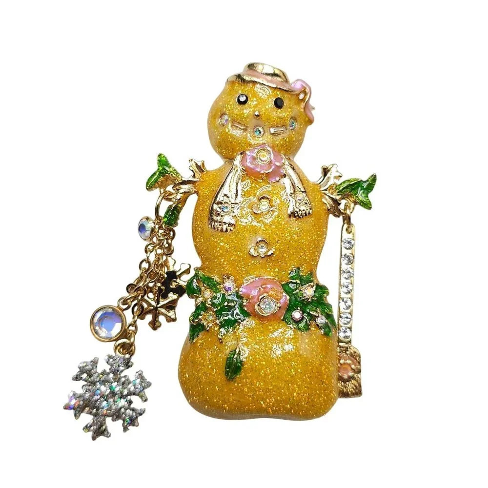 Kirks Folly Gold Snowman Brooch With Rhinestones Snowflakes Floral Accents